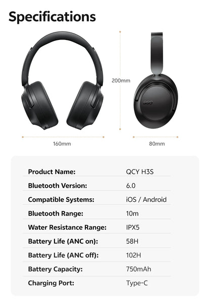 QCY H3S – Adaptiver ANC-Over-Ear-Bluetooth 6.0-Kopfhörer mit -56dB – Hi-Res LDAC Wireless-Headset, 102H Akku, räumlicher Klang mit Dual-Treiber