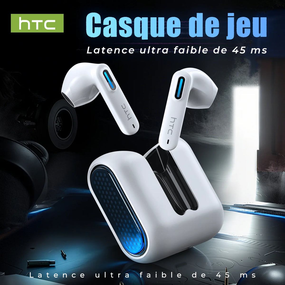 HTC NE49 Bluetooth 6.0 True Wireless Earbuds Gaming Headphones with HiFi Deep Bass, IPX5 Waterproof Bluetooth Earbuds, Low Latency Wireless Earphones