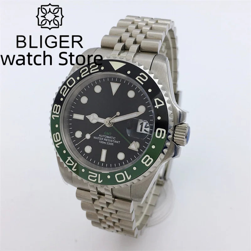 BLIGER 40mm NH34 GMT Watch For Men Mechanical Wristwatch Luminous Bezel Sapphire Glass Stainless Steel Bracelet Reloj Hombre