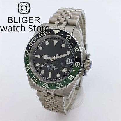 BLIGER 40mm NH34 GMT Watch For Men Mechanical Wristwatch Luminous Bezel Sapphire Glass Stainless Steel Bracelet Reloj Hombre