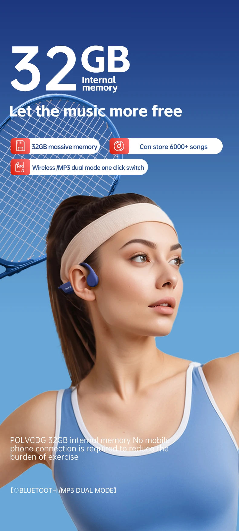 POLVCDG X7 Bone Conduction Headphones Bluetooth 5.3 IPX8 Waterproof Swimming Headset with 32GB MP3 Memory & Microphone