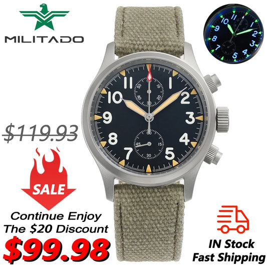 Militado ML1868 Watch - VK61 Quartz Movement 100m Waterproof Watches Men Stainless Steel Chronograph Sapphire Crystal Wristwatch