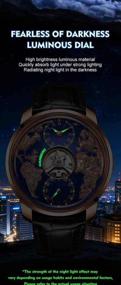 HANBORO World Time Series Men's Fully Automatic Mechanical Watch with Hollow Flywheel World Earth Personality Watch 1026