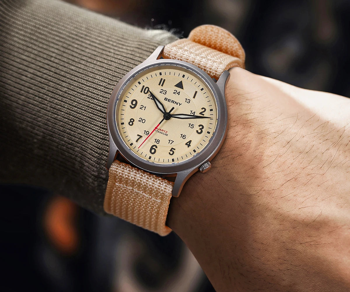 BERNY Titanium Watches for Men Classic Mens Field Watch Easy Read Outdoor Quartz Wristwatch Super Luminous Sapphire 5ATM
