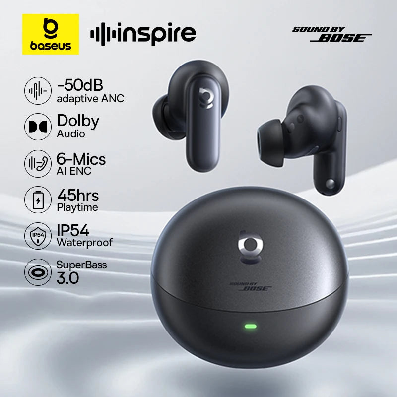 Baseus Inspire XP1 Wireless Bluetooth 6.1 ANC Earbuds – -50dB Adaptive Noise Cancelling, Dolby Audio, 6 Mic ENC, Sound by Bose Premium TWS Earphones