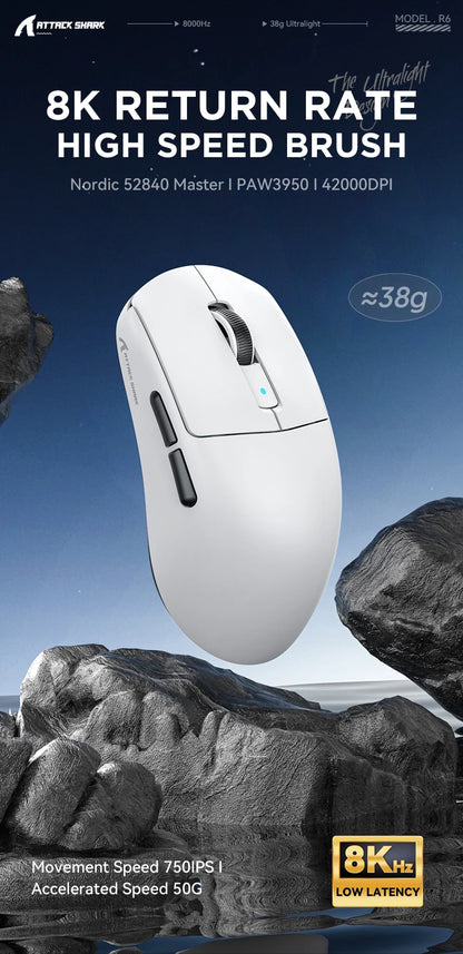 Mouse gaming wireless ATTACK SHARK R6 PAW3950MAX, polling 8Khz, ultraleggero 39g, MCU Nordic 52840, microswitch ottici Omron