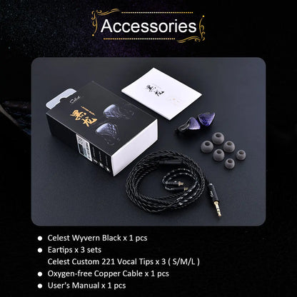 Celest Wyvern Black In-Ear Monitor Wired IEM Gaming Earbuds with Microphone HiFi Bass 10mm Driver Detachable Cable