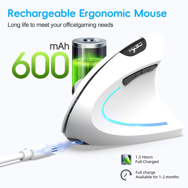 Rechargeable Bluetooth Vertical Mouse Dual-Mode Wireless Silent Gaming Mouse for Windows, Mac OS & Laptop, Ergonomic 2400 DPI Computer Mouse