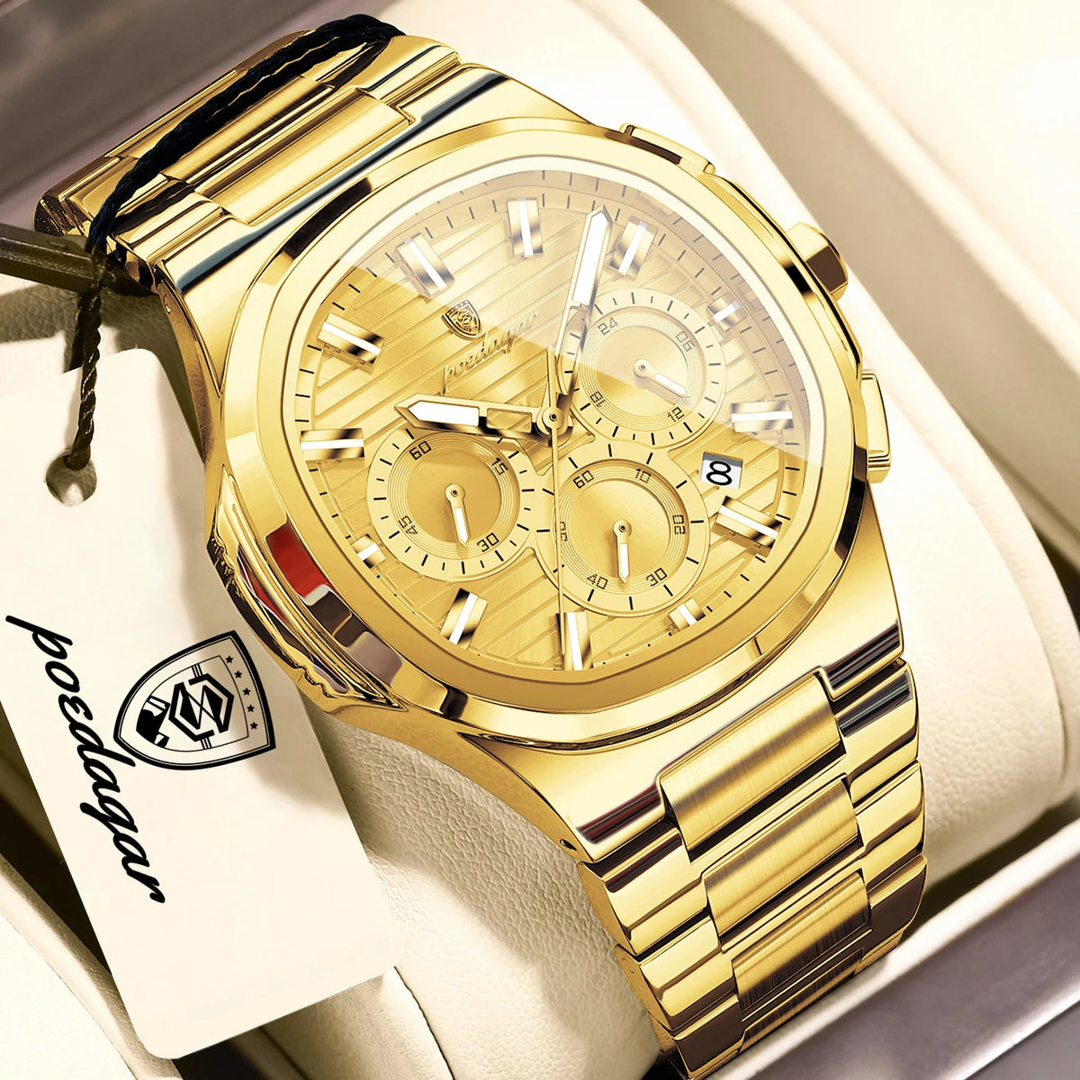 POEDAGAR Men’s Luxury Stainless Steel Quartz Watch  Waterproof Chronograph with Luminous Dial & Date
