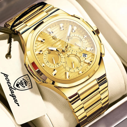 POEDAGAR Men’s Luxury Stainless Steel Quartz Watch  Waterproof Chronograph with Luminous Dial & Date
