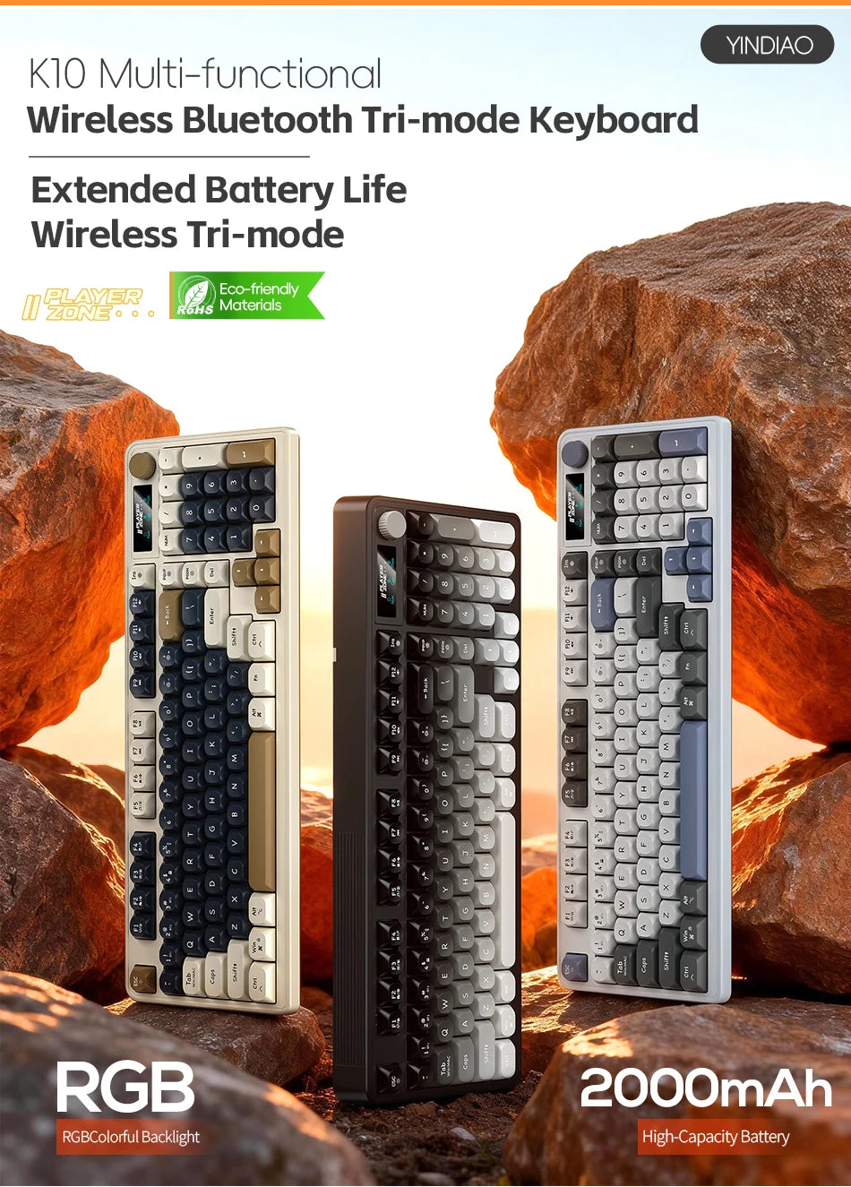 98 key Wireless Keyboard Knob Control BT/2.4g/Wired,RGB LED Backlight Display,2000mA Battery for PC/Laptop