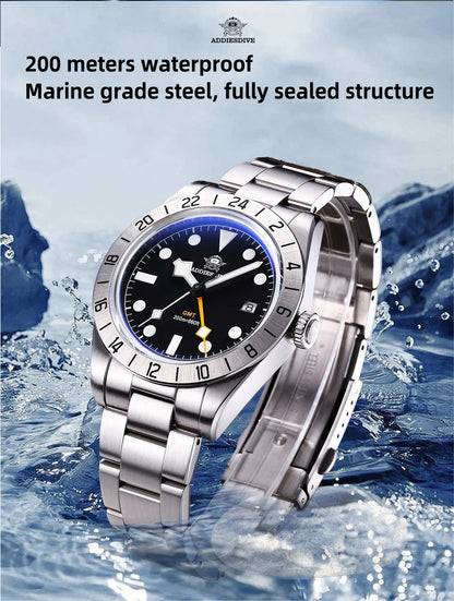 ADDIESDIVE New Luxury Men's Watch 200 Waterproof Stainless Steel Quartz Watch BGW9 Super Blue Luminous GMT Stainless Steel Watch