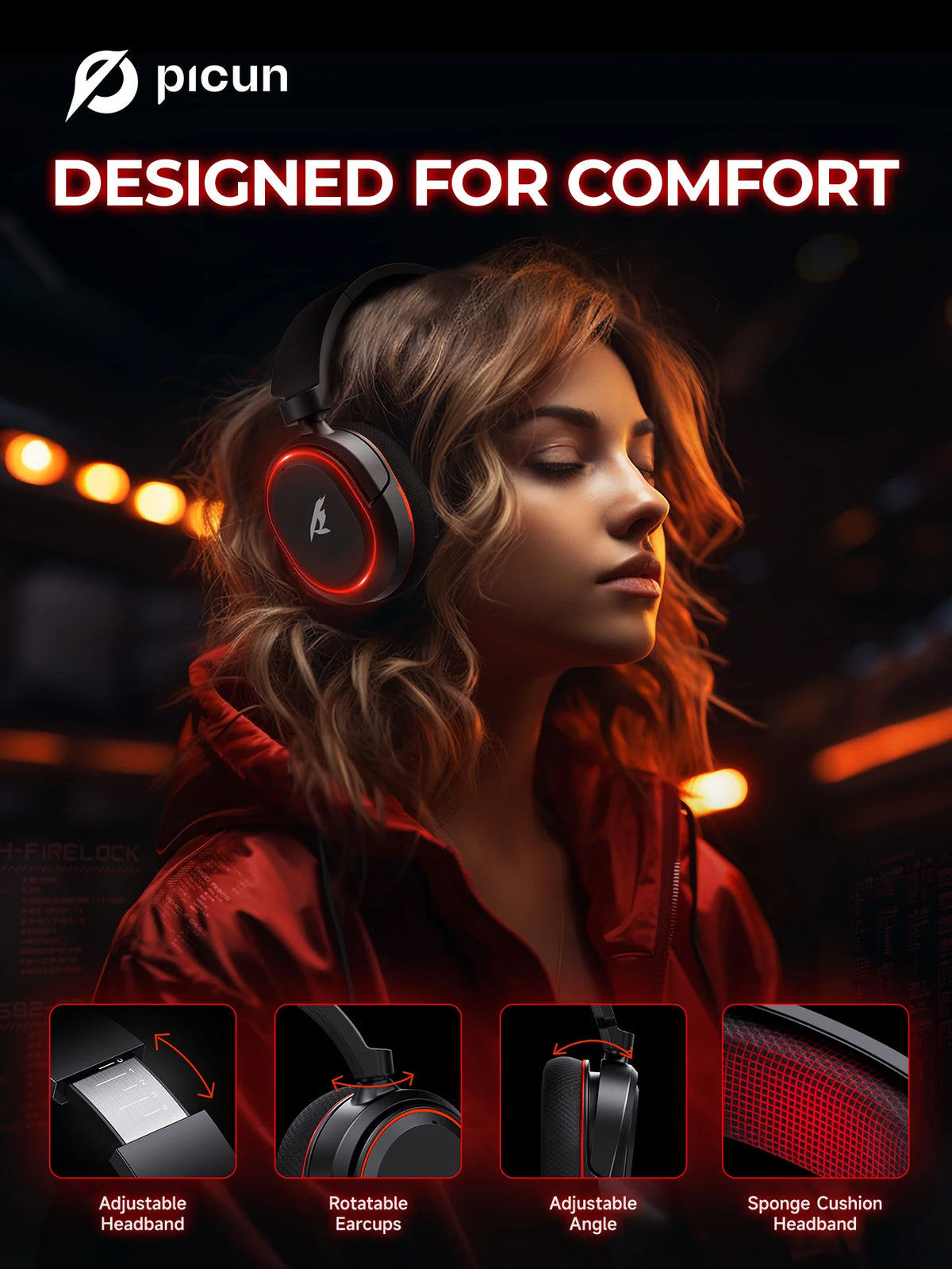 Picun G2 Wireless Gaming Headset Bluetooth 5.3, 7.1 Surround Sound Gaming Headphones, 2.4G Low Latency Wireless Gaming Headset with ENC Microphone for PC, PS5, PS4, Switch & Mobile