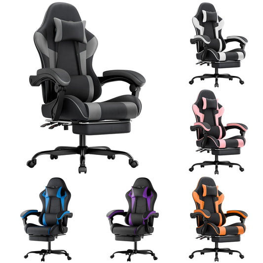 Comanlai Gaming Chair with Footrest Ergonomic High Back Gaming Chair, Adjustable Headrest & Lumbar Support, PU Leather Swivel Computer Gaming Chair for Office & Home