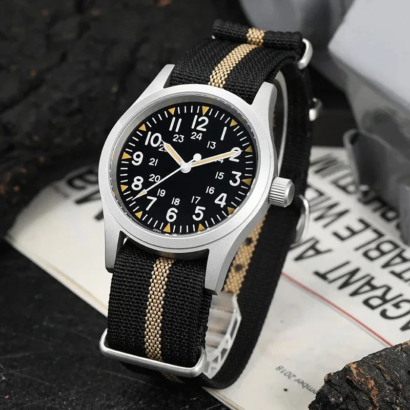 Relógio Militar Militado ML05 de 38 mm, movimento Miyota, cristal de safira abaulado, luminiscência verde C3, resistente à água até 10 bar, relógios vintage