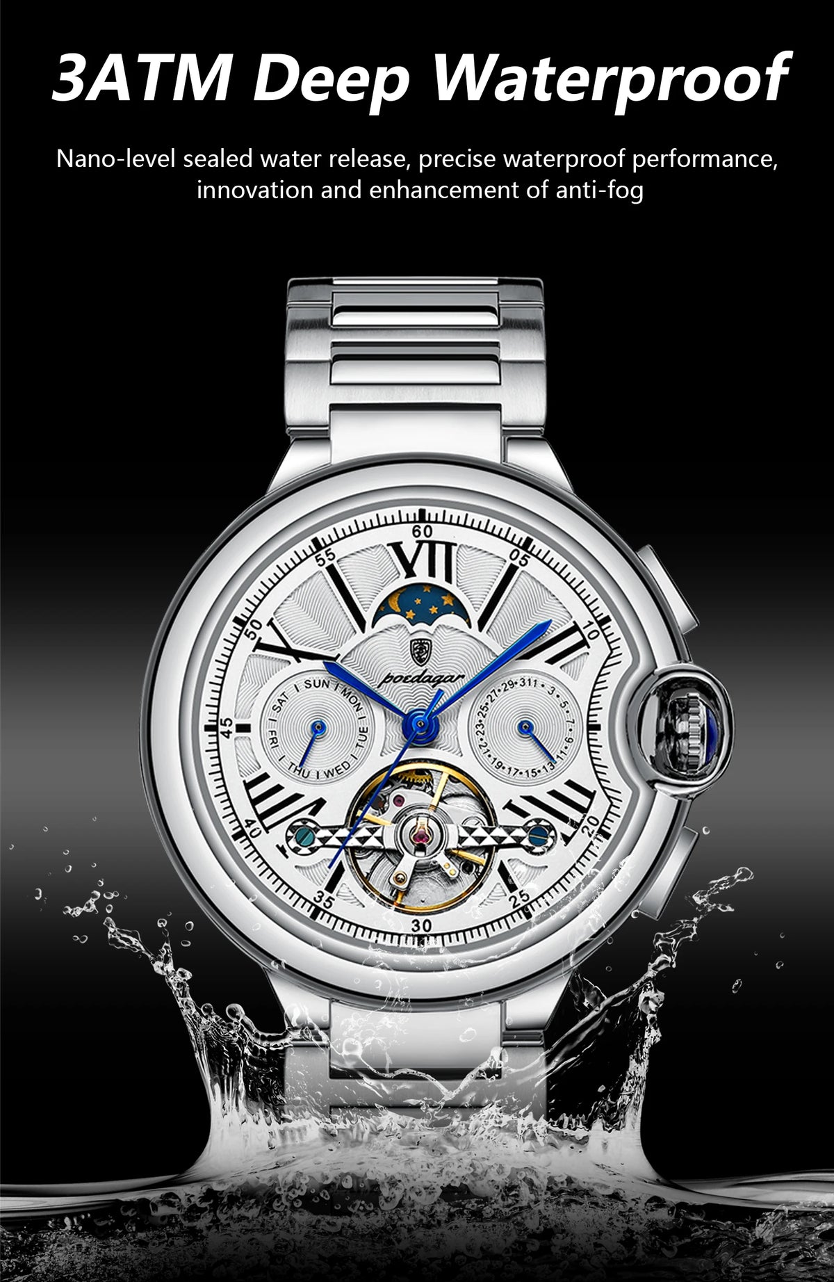 POEDAGAR Luxury Male Watch Tourbillon Date Week Stainless Steel Men Watch Waterproof Automatic Mechanical Military Men's Watches