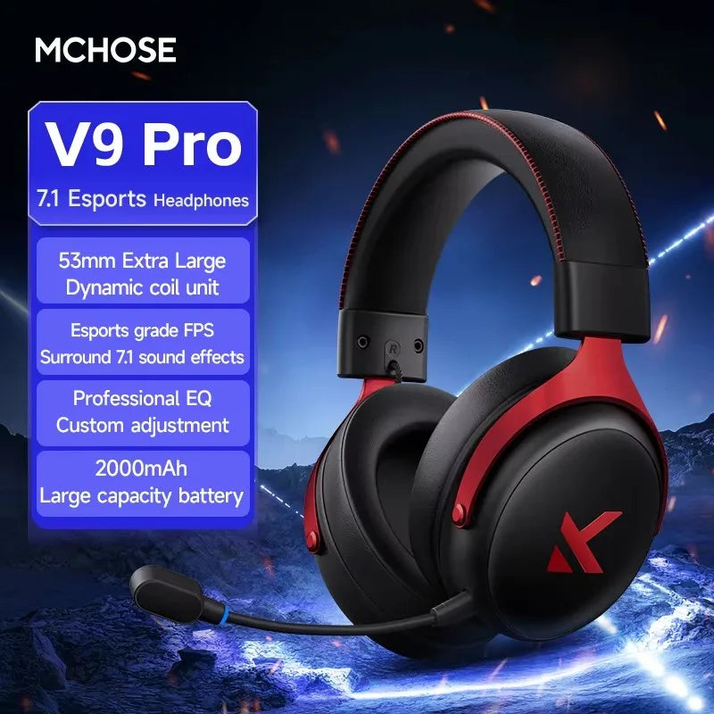 MCHOSE V9 Pro Wireless Gaming Headset with Microphone, Bluetooth Three Mode Gamer Headphones, ANC Noise Cancelling PC Gaming Headset