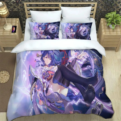 Ložní souprava Anime Genshin Impact pro chlapce a dívky, velikost Twin/Queen, povlak na přikrývku a povlak na polštář, pro děti i dospělé, módní bytový textil