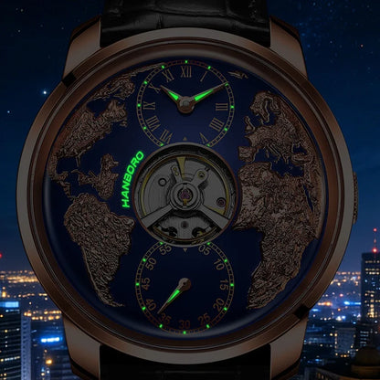 HANBORO World Time Series Men's Fully Automatic Mechanical Watch with Hollow Flywheel World Earth Personality Watch 1026