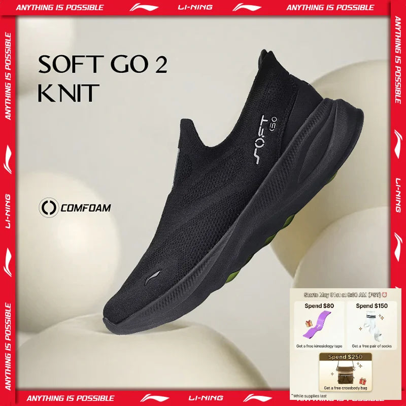 Pánské nazouvací volnočasové vycházkové boty Li-Ning SOFT GO 2 KNIT, tlumicí, pohodlné a stabilní; síťované každodenní sportovní běžecké tenisky LiNing AGLV017
