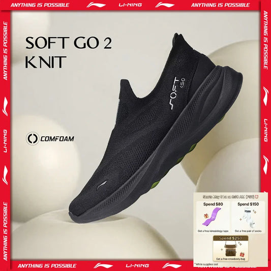 Pánské nazouvací volnočasové vycházkové boty Li-Ning SOFT GO 2 KNIT, tlumicí, pohodlné a stabilní; síťované každodenní sportovní běžecké tenisky LiNing AGLV017