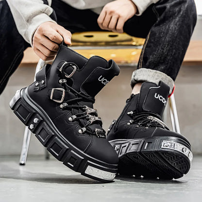 Fashion Rivet Black High top Sneakers Men Leather Design Luxury Shoes Street Gothic Punk Boots Men Motorcycle Boots Big Size 46