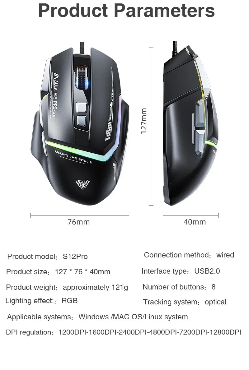 Ratón mecánico con cable AULA S12Pro 1000HZ 12800DPI RGB de baja latencia con macros configurables para esports, accesorios gaming para PC
