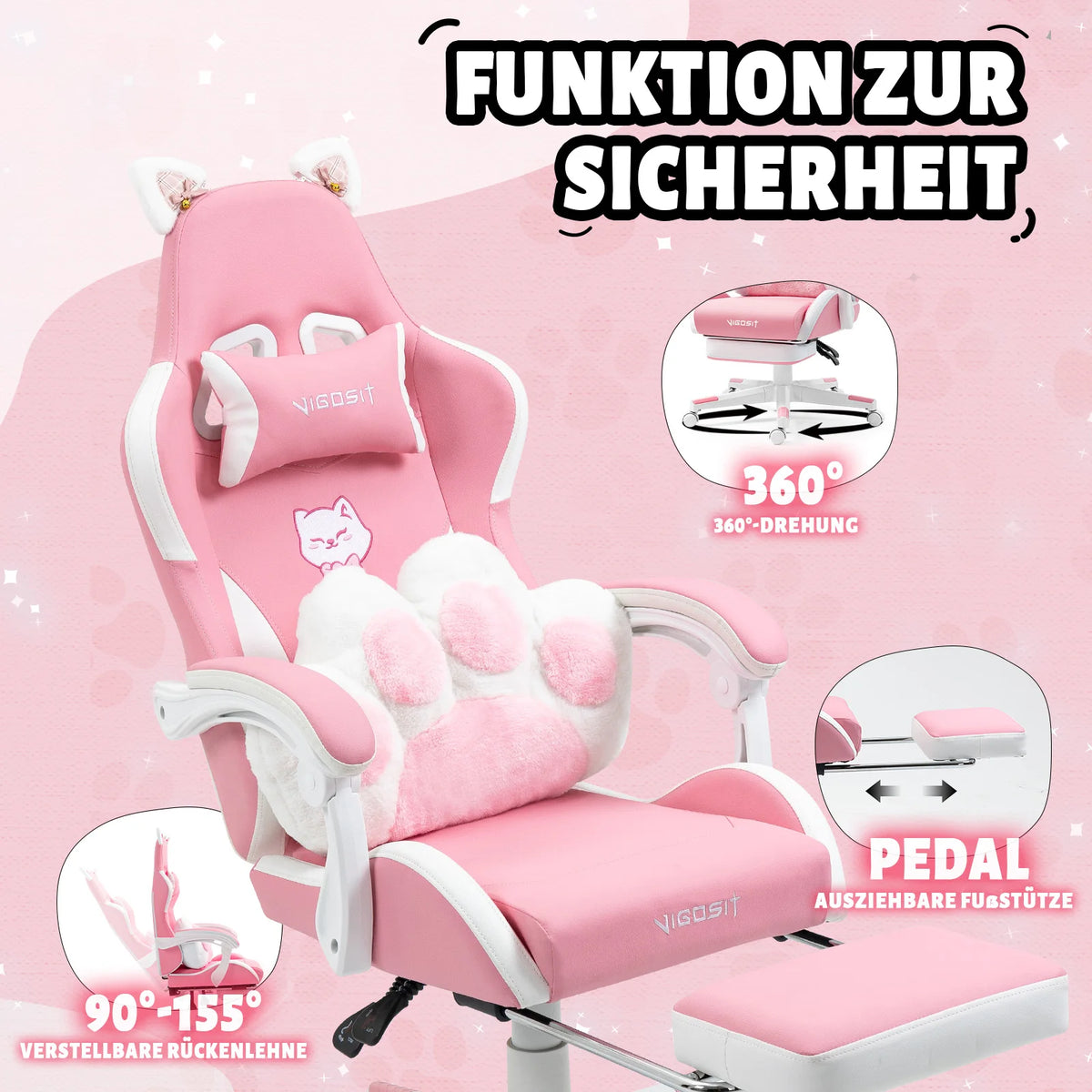 VIGOSIT Gaming Chair with Cute Cat Ears, Ergonomic Computer Gaming Chair for Girls, Kawaii Pillow, Lumbar Support, Adjustable Reclining Gamer Chair