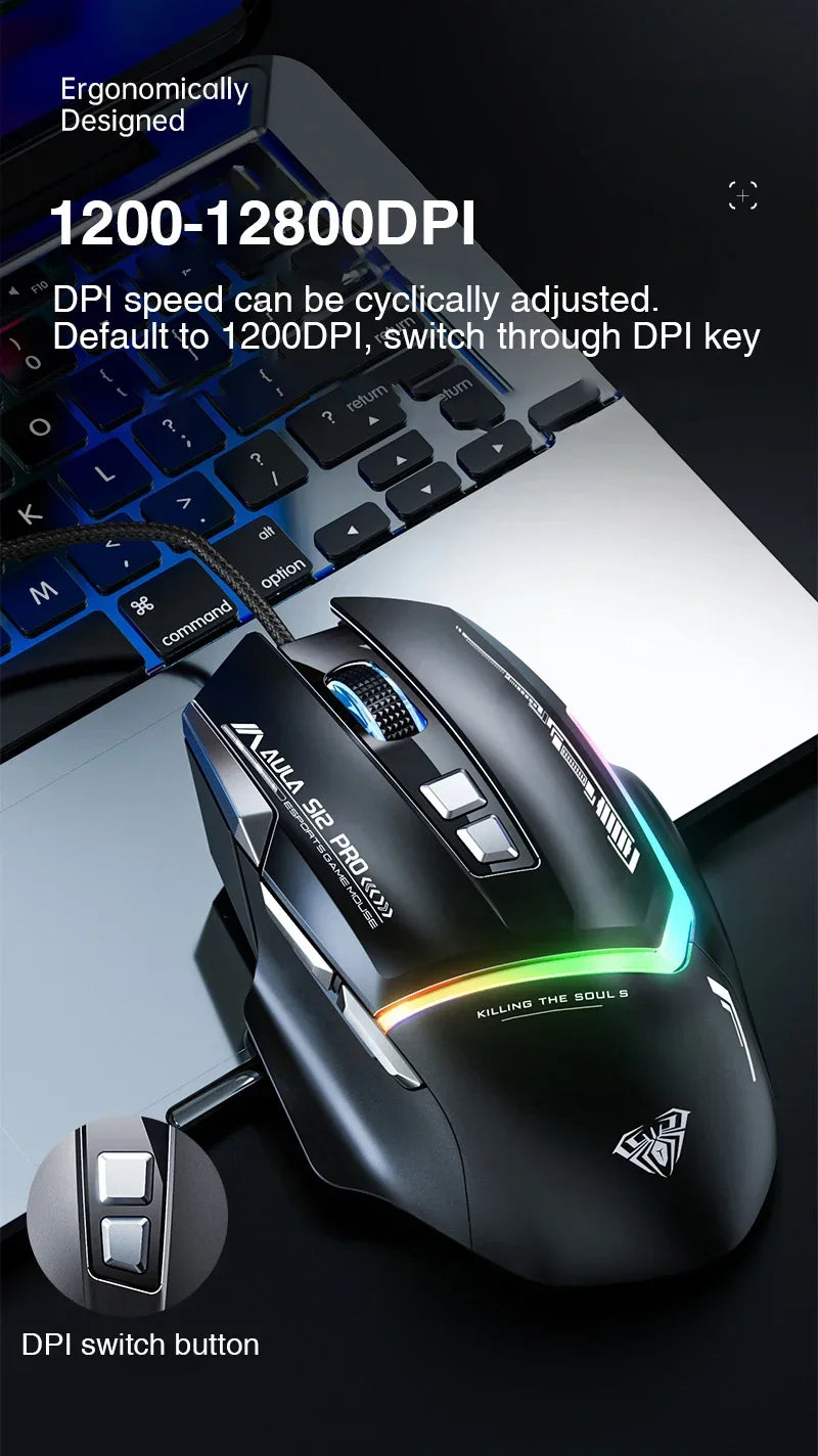 Ratón mecánico con cable AULA S12Pro 1000HZ 12800DPI RGB de baja latencia con macros configurables para esports, accesorios gaming para PC