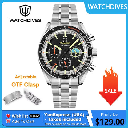 Watchdives WD1863 39mm VK63 Chronograph Watch Vintage Stainless Steel Sapphire OTF Clasp Waterproof Luminous Watches for Men