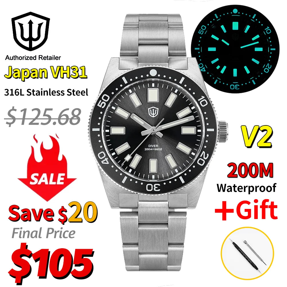WATCHDIVES WD1965 V2 Men’s Luxury Dive Watch VH31 Quartz, Sapphire Crystal, Stainless Steel & 200M Water Resistant