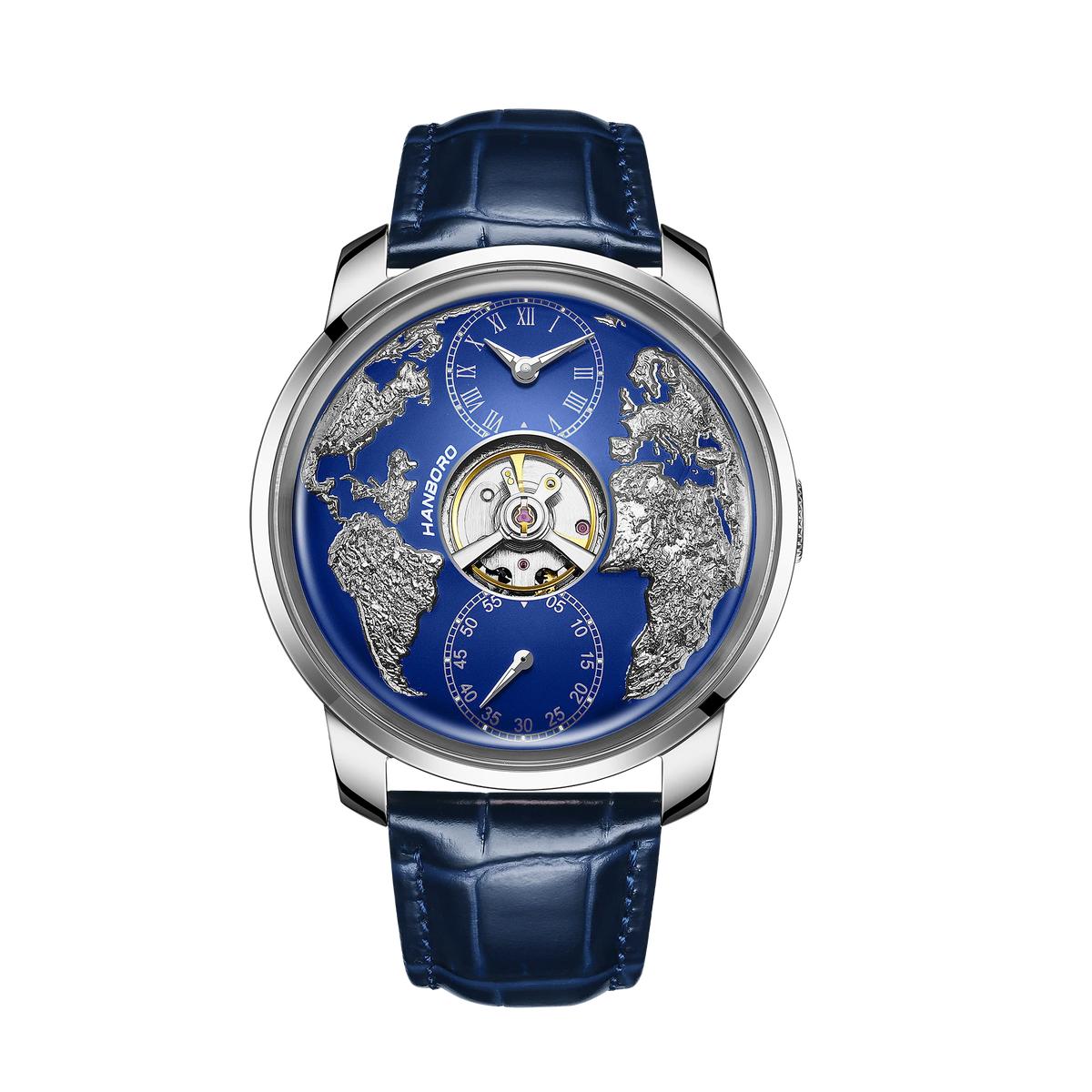 HANBORO World Time Series Men's Fully Automatic Mechanical Watch with Hollow Flywheel World Earth Personality Watch 1026