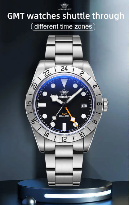ADDIESDIVE New Luxury Men's Watch 200 Waterproof Stainless Steel Quartz Watch BGW9 Super Blue Luminous GMT Stainless Steel Watch