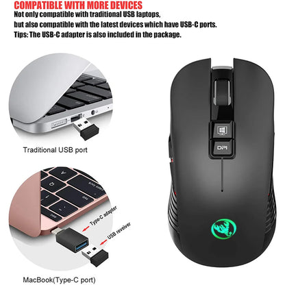 Ratón gaming inalámbrico USB-C 2.4G recargable, 3600DPI, 7 botones, Type-C, silencioso, para Macbook, portátil, PC y ordenador