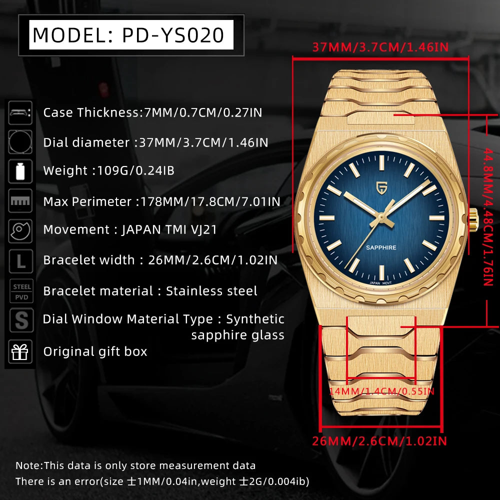 PAGANI DESIGN Men's Quartz Watches Ultra-Thin 7mm Series 37mm Sapphire Stainless Steel Waterproof Watches for Man TMI VJ21