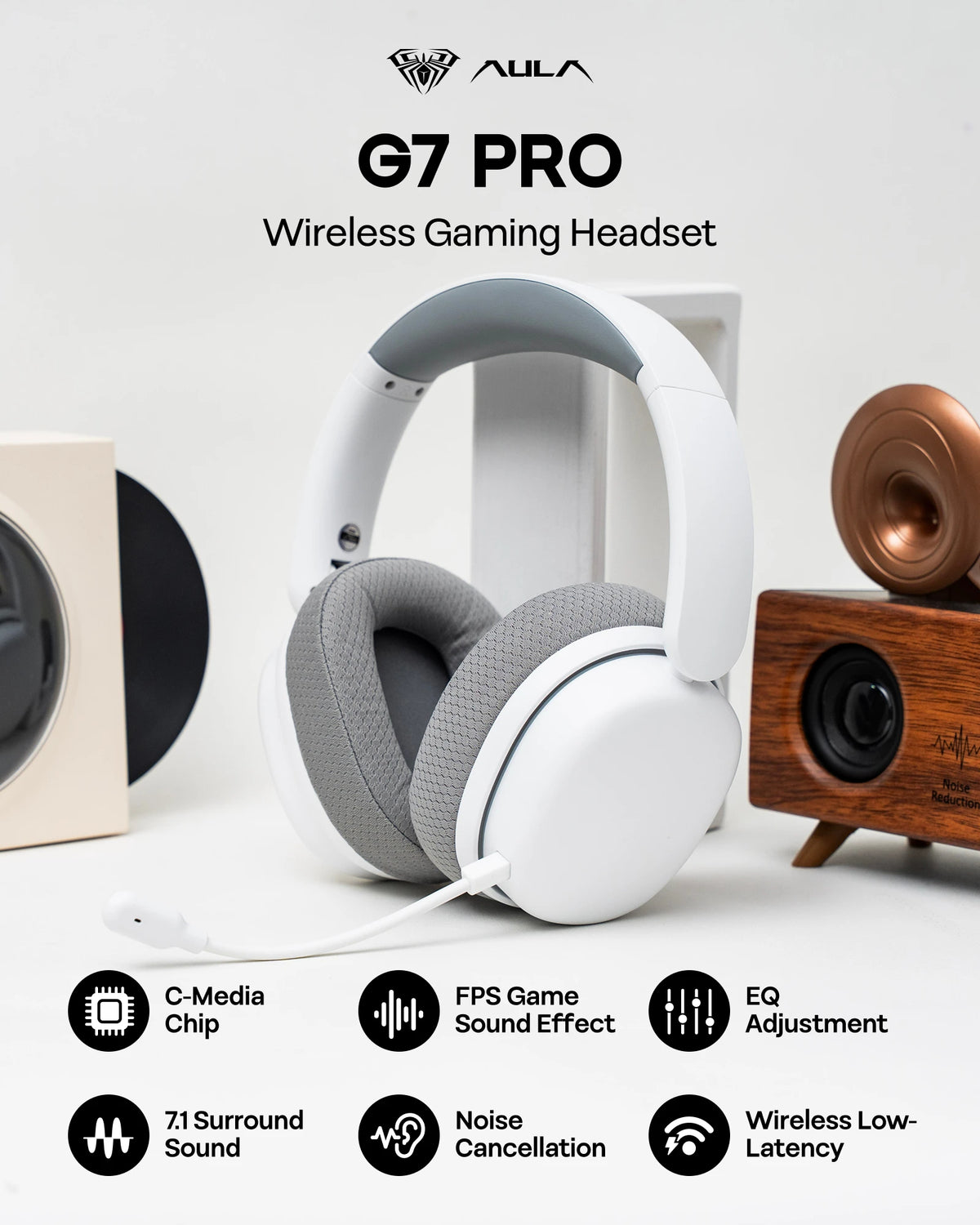 Auriculares gaming AULA G7 Pro con sonido envolvente 7.1, Bluetooth 5.3 inalámbrico y micrófono con cancelación de ruido para PS5/PS4/PC/Switch