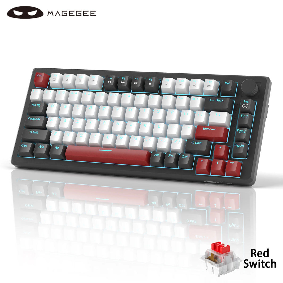 MageGee 75% Mechanical Gaming Keyboard with Knob Control, Wired Mechanical Gaming Keyboard with Blue Backlit, Red/Yellow Switch Gaming Keyboard for PC Windows