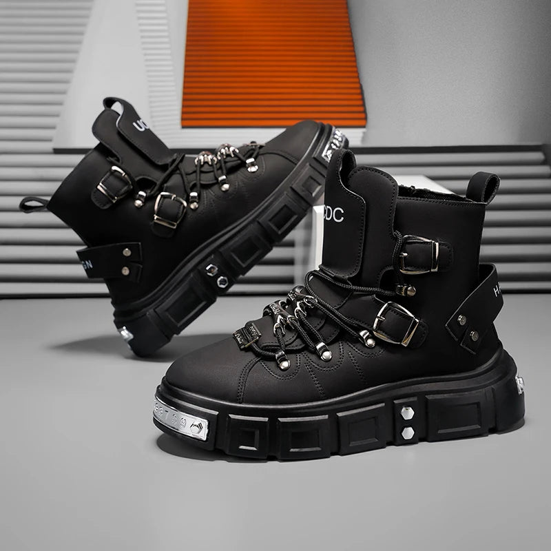 Fashion Rivet Black High top Sneakers Men Leather Design Luxury Shoes Street Gothic Punk Boots Men Motorcycle Boots Big Size 46