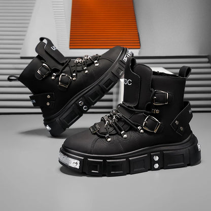 Fashion Rivet Black High top Sneakers Men Leather Design Luxury Shoes Street Gothic Punk Boots Men Motorcycle Boots Big Size 46