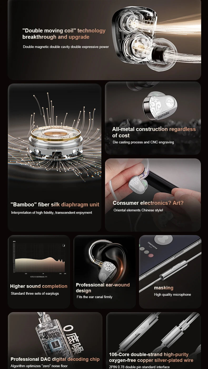 Zhulinniao JingHong Z3 HiFi Earphones Dual Dynamic Driver In-Ear Headphones, High-Fidelity Metal Music Monitor Earbuds with Wired & Bluetooth Audio