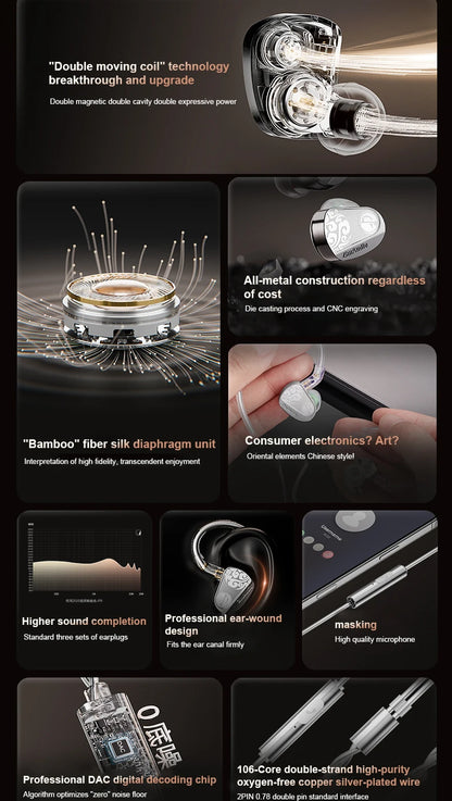 Zhulinniao JingHong Z3 HiFi Earphones Dual Dynamic Driver In-Ear Headphones, High-Fidelity Metal Music Monitor Earbuds with Wired & Bluetooth Audio