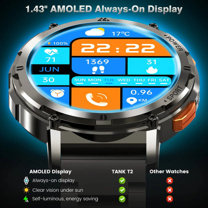 2025 Original KOSPET TANK T2 Smart Watches for Men Watches AMOLED AOD Smartwatch Bluetooth Call Electronic Men's Smart Watch