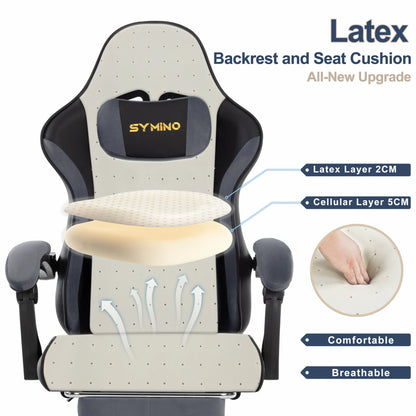 SYMINO Ergonomic Gaming Chair with Footrest, Latex Cushion Racing Style Gaming Chair, Adjustable Reclining Office Chair with Armrests & Wheels