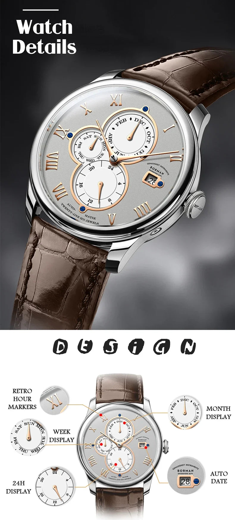 Marca de luxo BORMAN: Relógios mecânicos automáticos para homem, com cristal de safira, resistentes à água até 50 m, mostrador multifunções e bracelete em pele de estilo retro – BM18011