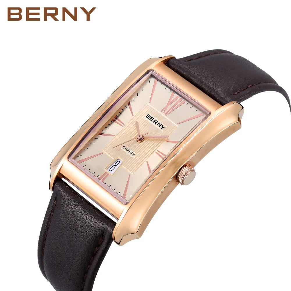 BERNY Watch for Men Rectangle Japan Quartz Wristwatch Waterproof Business Rectangular Dress Male Clock Top Genuine Leather Strap