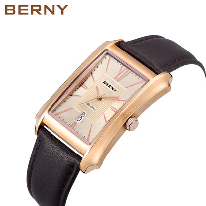 BERNY Watch for Men Rectangle Japan Quartz Wristwatch Waterproof Business Rectangular Dress Male Clock Top Genuine Leather Strap