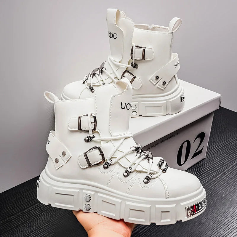 Fashion Rivet Black High top Sneakers Men Leather Design Luxury Shoes Street Gothic Punk Boots Men Motorcycle Boots Big Size 46