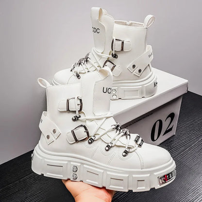 Fashion Rivet Black High top Sneakers Men Leather Design Luxury Shoes Street Gothic Punk Boots Men Motorcycle Boots Big Size 46