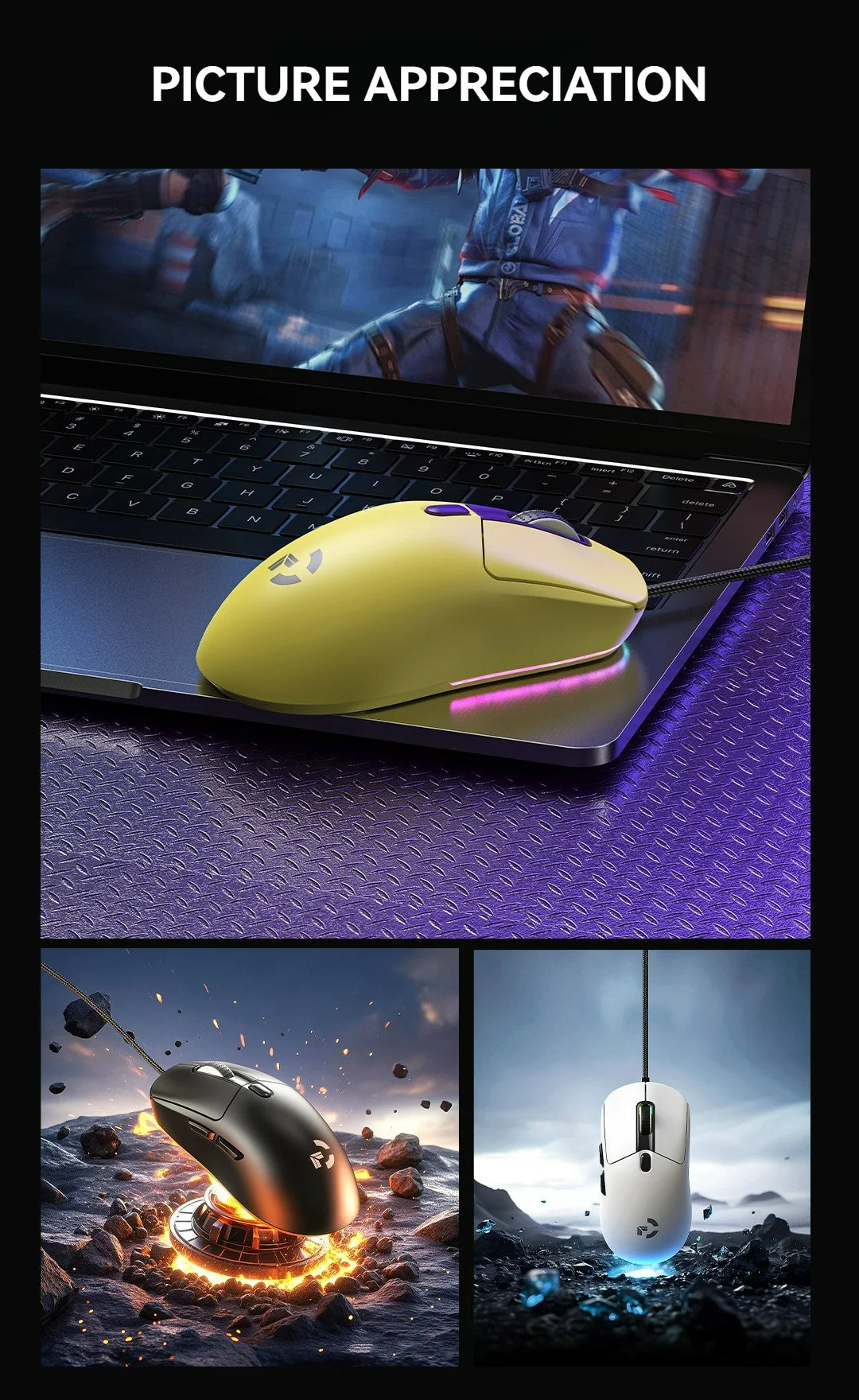 Ratón gaming con cable, 6 niveles de DPI ajustables hasta 12800DPI, chip A825 instantáneo, RGB, programación de macros, diseño ergonómico, ratón universal