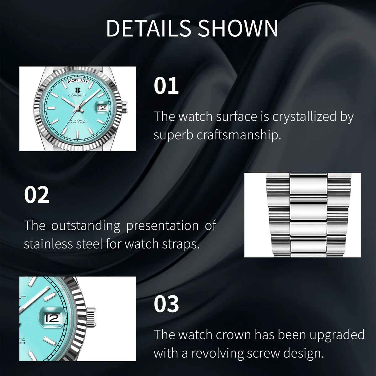 CORGEUT NH36 Mechanical Men's Watch Date of the Week Show President Chain Strap Steel Case Watch Threaded Arc Bezel waterp